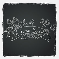 Cartoon floral frame with cute bird and ribbon banner