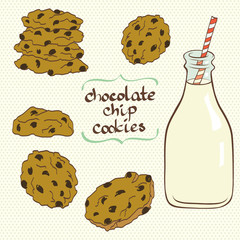 Set of hand drawn bottle of milk and chocolate chip cookies.
