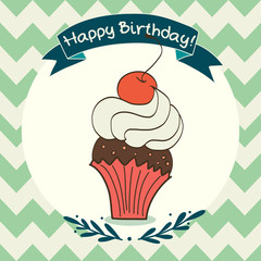 Birthday card or invitation with cartoon cupcake.