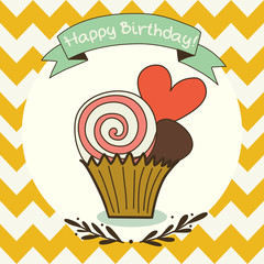 Birthday card template with cartoon cupcake on chevron