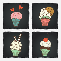Set of cartoon cupcakes isolated on chalkboard background
