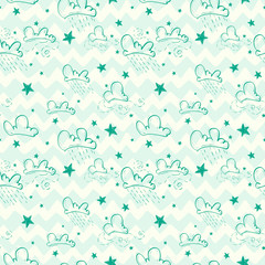 Doodle clouds and stars seamless pattern.