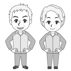 ジャージ姿のシニアの男女(モノクロ)