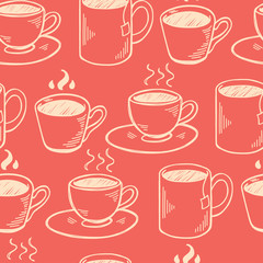 Seamless pattern with hand drawn cups and mugs