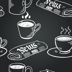 Tea, coffe and newspapers seamless pattern