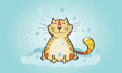 Red cat sitting on the snow with snowflakes