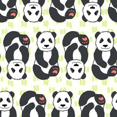 Fototapeta premium Cartoon sitting pandas seamless pattern.