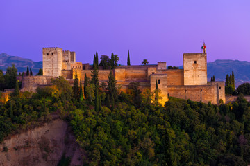 Fototapeta na wymiar Alhambra de Granada. Panoramic of the Alcazaba at dusk.