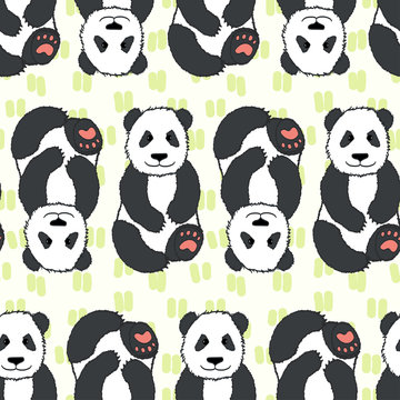 Cartoon sitting pandas seamless pattern.