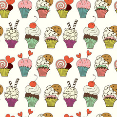 Hand drawn cupcakes and muffins seamless pattern