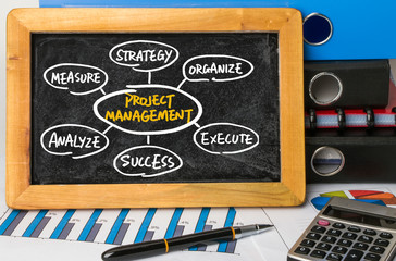 project management flow chart hand drawing on blackboard