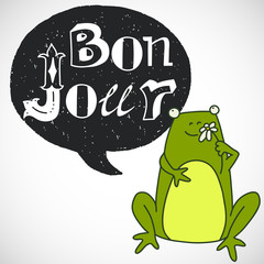 "Bonjour" hand lettering and cute cartoon frog