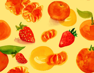 Tangerines and strawberries watercolour seamless pattern