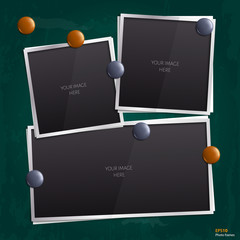 Set of empty photo frames on chalkboard, blackboard.