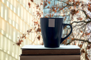 Books and coffee on window, office building in background