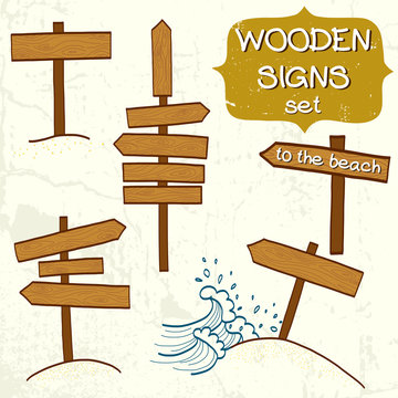 Hand drawn cartoon beach wooden signs