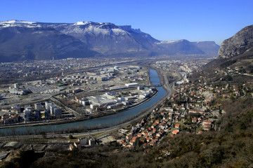 View of Grenoble from the Bastille. River and mountains