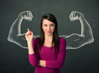 woman with sketched strong and muscled arms