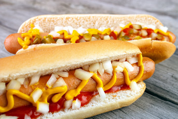 Two hot dogs closeup