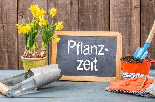 Schiefertafel auf Pflanztisch - Pflanzzeit