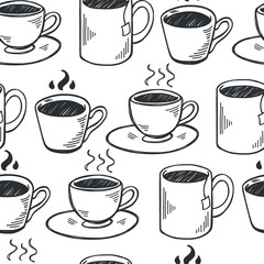 Obraz premium Cups and mugs hand drawn seamless pattern.