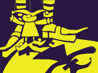 Puppet on stage. Purple background