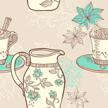 illustration with coffee cup and creamer. seamless pattern