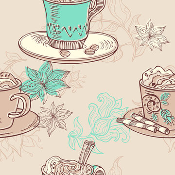 illustration with coffee cups. seamless pattern