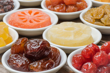 Close-up group of dried fruits in a white bowl