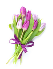 Purple tulips bouquet with ribbon © Evgeny Karandaev