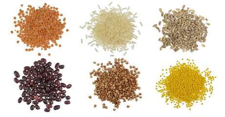 Collection Set of Cereal Grains and Seeds Heaps