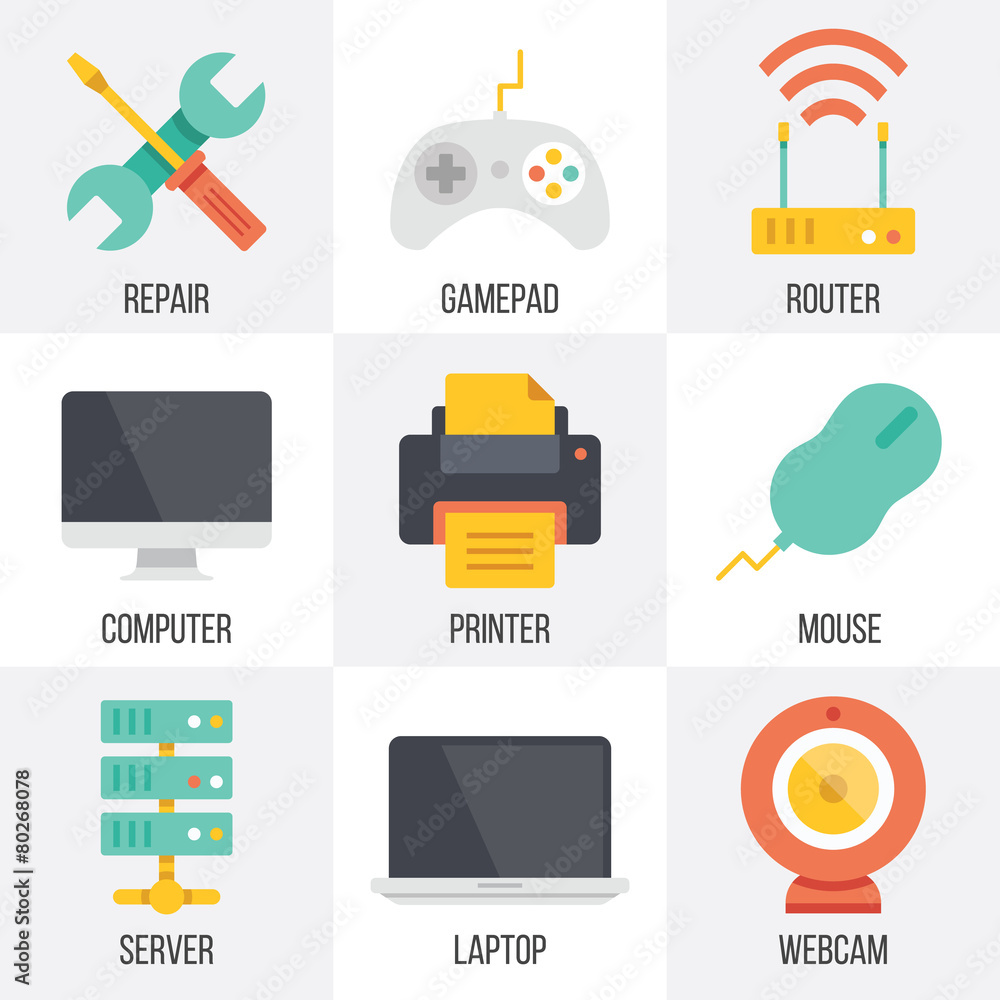 Poster vector computer hardware and technology icons set. set 9