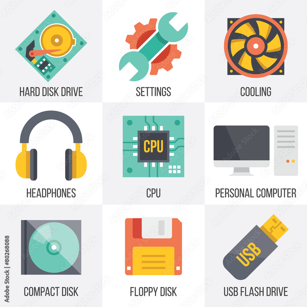 Poster vector computer hardware and technology icons set. set 10