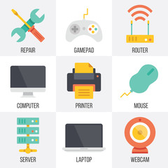 Vector computer hardware and technology icons set. Set 9