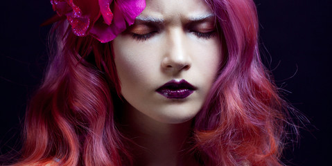 Naklejka premium beautiful girl with pink hair, gloomy expression