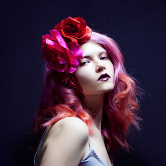 beautiful girl with pink hair,  looking at you
