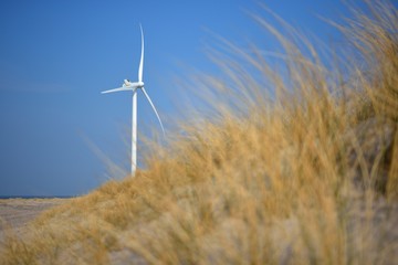 Windrad am Strand mit blauem Himmel und D&uuml;nen