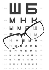 Glasses on the table with eye test chart in the background,for D