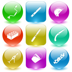 hand drill, spirit level, hard hat, hollow brick, chisel, hand s