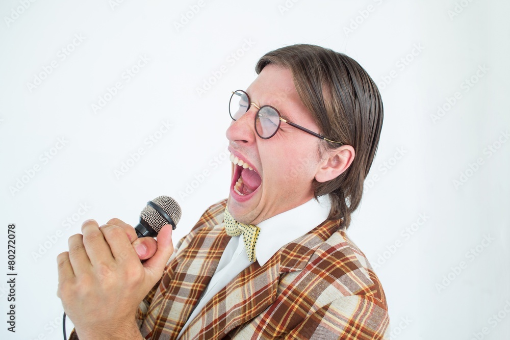 Poster happy geeky hipster singing with microphone
