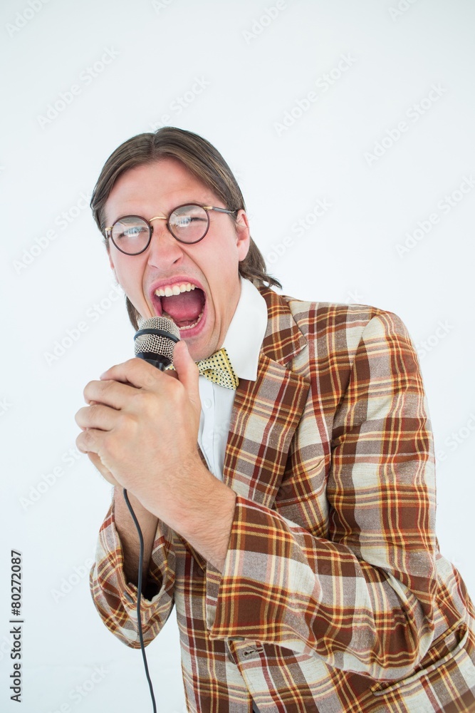 Poster happy geeky hipster singing with microphone
