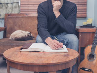 Young songwriter sitting on sofa at home