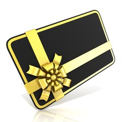 Black blank gift card, with golden ribbon. Side angled view