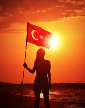 Young  Woman Holding Turkish Flag