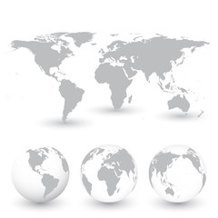 Grey World Map and Globes vector Illustration