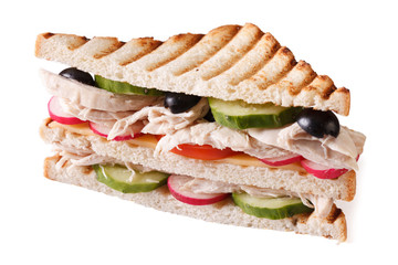 Sandwich with chicken and vegetables isolated on white