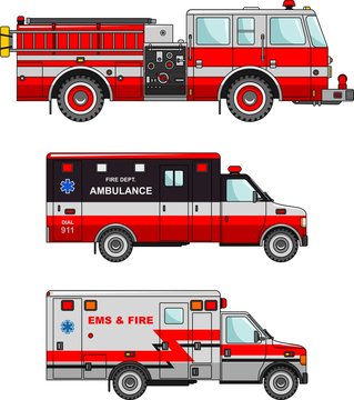 Fire truck and ambulance cars isolated on white background in