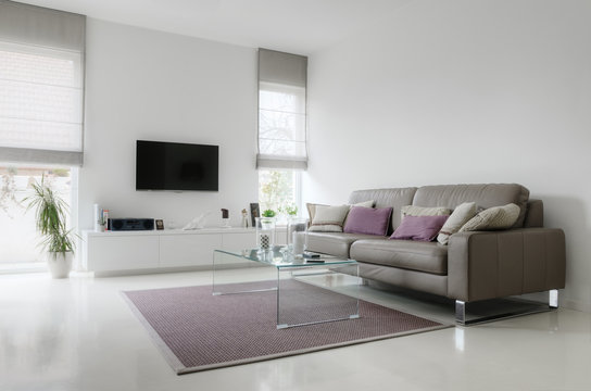 White living room with taupe leather sofa