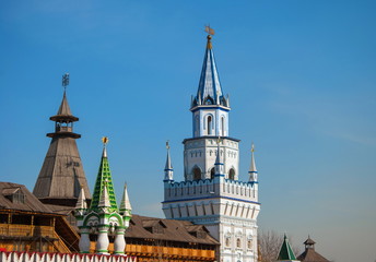 Walls and towers of  fortress in  old Russian style in Moscow
