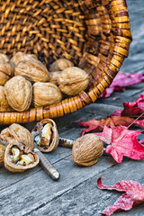 Walnuts in rustic basket on old wood table with fall leaves